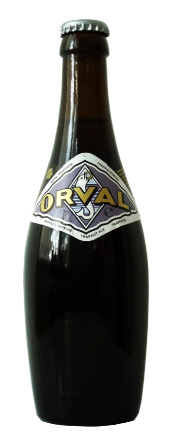 Bouteille de bière trappiste Orval, étiquette au losange argenté